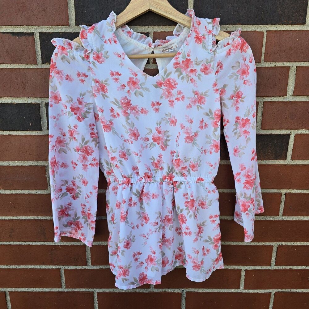 Ella Moss Kids Romper Size 10 Cold Shoulder Floral Pattern Pink Red White